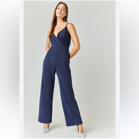 Women's Blue Rain Joan Glitter Knit Jumpsuit Navy Size Medium Spaghetti Strap - Picture 1 of 12
